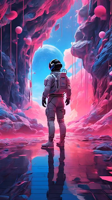 Astronaut on Neon Pink Alien Planet Looking at Blue World - Free 4K & 8K Mobile Wallpaper