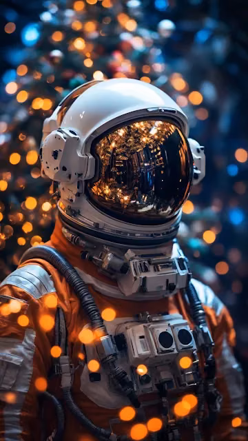 Astronaut in orange suit with festive bokeh lights behind - Free 4K & 8K Mobile Wallpaper