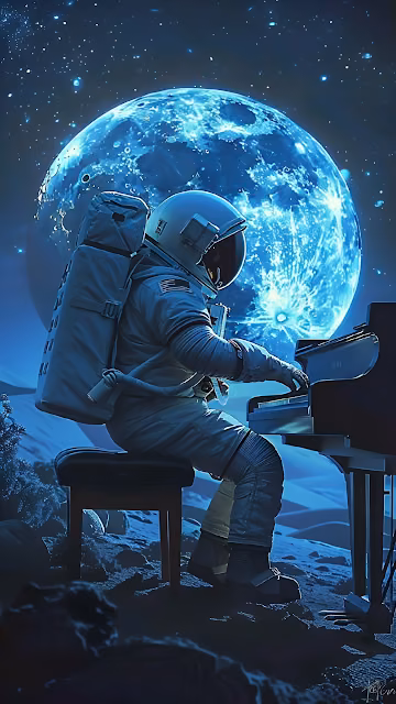Astronaut Playing Piano on Moon with Glowing Earth Behind - Free 4K & 8K Mobile Wallpaper