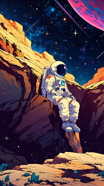 Astronaut Resting on Alien Cliff Under Starry Sky - Free 4K & 8K Mobile Wallpaper