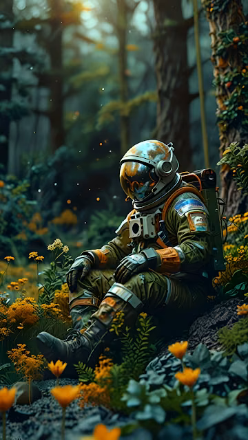 Astronaut Resting in Sunlit Forest Among Wildflowers - Free 4K & 8K Mobile Wallpaper