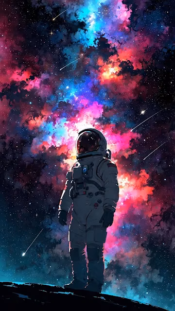 Astronaut Standing Against Vivid Neon Galaxy Nebula - Free 4K & 8K Mobile Wallpaper