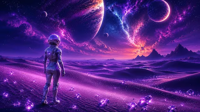 Astronaut standing on a purple desert terrain with scattered crystals overlooking giant planets and a nebula.