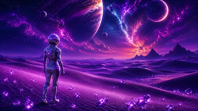 An astronaut stands on a purple alien desert surrounded by crystals beneath massive planets and nebulae. Astronaut standing on a purple desert terrain with scattered crystals overlooking giant planets and a nebula.