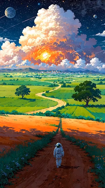 Astronaut Surreal Landscape, Vibrant Explosion Sky Art - Free 4K & 8K Mobile Wallpaper