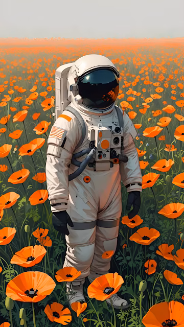 Astronaut in White Suit Among Vibrant Orange Poppy Field - Free 4K & 8K Mobile Wallpaper