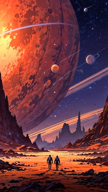 Astronauts on Alien Planet Under Giant Red Moon - Free 4K & 8K Mobile Wallpaper