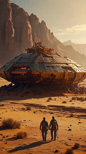 Astronauts Approach Crashed Spaceship in Desert - Free 4K & 8K Mobile Wallpaper