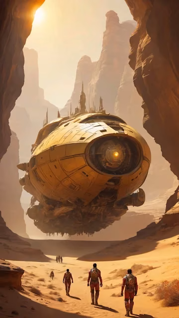 Astronauts Approach Golden Spaceship in Canyon - Free 4K & 8K Mobile Wallpaper