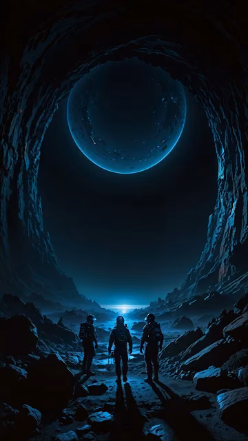 Astronauts Gazing at Blue Planet in Cave - Free 4K & 8K Mobile Wallpaper