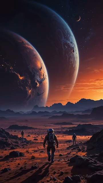 Astronauts on Red Planet Under Giant Moons - Free 4K & 8K Mobile Wallpaper