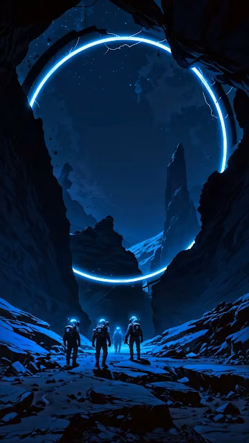 Astronauts Under Glowing Blue Ring in Canyon - Free 4K & 8K Mobile Wallpaper