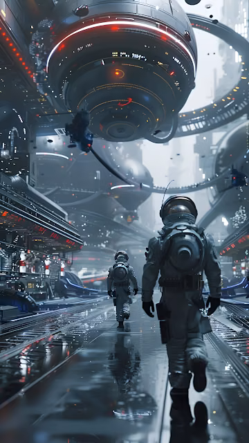 Astronauts Walking Futuristic Cyberpunk Cityscape - Free 4K & 8K Mobile Wallpaper