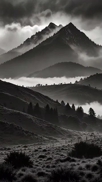 Atmospheric Black and White Layered Mountain Fog Landscape - Free 4K & 8K Mobile Wallpaper
