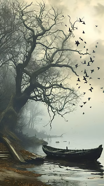 Atmospheric Gothic Lake Scene with Crows and Old Boat - Free 4K & 8K Mobile Wallpaper