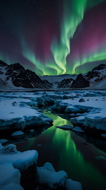 Aurora Borealis Dancing Over Frozen Glacier Lake at Night - Free 4K & 8K Mobile Wallpaper