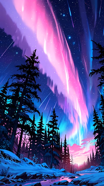Aurora Borealis Over Snowy Forest at Night - Free 4K & 8K Mobile Wallpaper