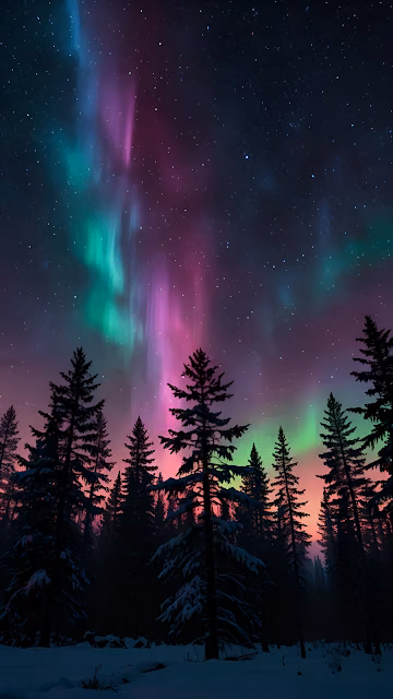 Aurora Borealis Over Snowy Pine Forest at Night - Free 4K & 8K Mobile Wallpaper