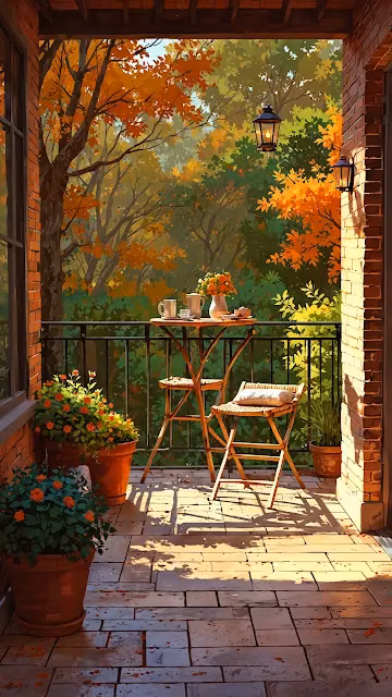 Autumn Balcony with Cozy Table and Fall Foliage - Free 4K & 8K Mobile Wallpaper