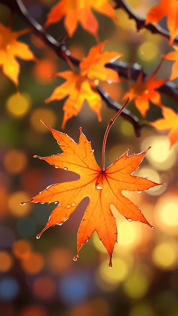 Autumn Maple Leaf with Raindrops and Bokeh - Free 4K & 8K Mobile Wallpaper