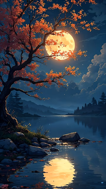 Autumn Moon Glow Over Tranquil Lake and Maple Tree - Free 4K & 8K Mobile Wallpaper