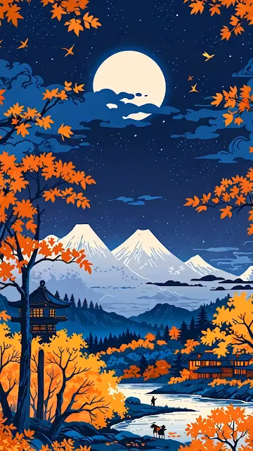 Autumn Night Scene with Moon and Snowy Peaks - Free 4K & 8K Mobile Wallpaper