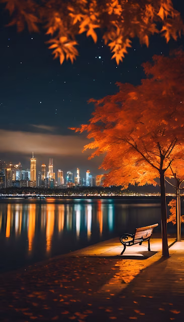 Autumn Tree and Bench Overlooking City Lights at Night - Free 4K & 8K Mobile Wallpaper