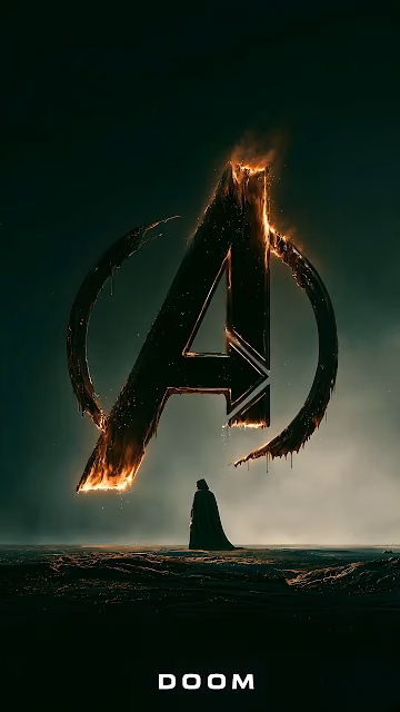 Doctor Doom stands beneath a massive burning Avengers emblem in a dark misty wasteland. Cloaked figure standing on dark terrain beneath a giant burning Avengers letter A logo.