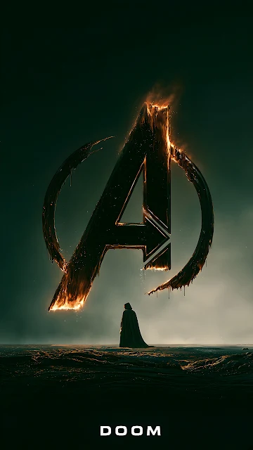 Doctor Doom stands beneath a massive burning Avengers emblem in a dark misty wasteland. Cloaked figure standing on dark terrain beneath a giant burning Avengers letter A logo.