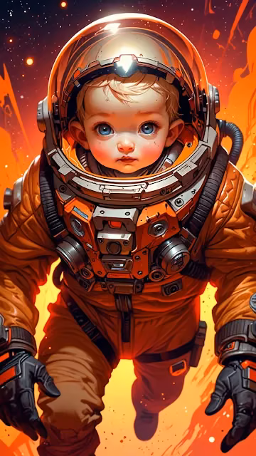 Baby Astronaut Floating in Fiery Cosmic Space - Free 4K & 8K Mobile Wallpaper