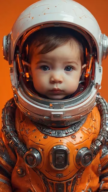 Baby in Orange Spacesuit Against Vibrant Orange - Free 4K & 8K Mobile Wallpaper