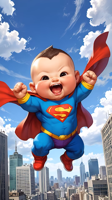 Baby Superman soars joyfully over city with red cape flying - Free 4K & 8K Mobile Wallpaper