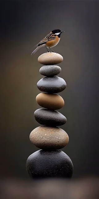 Balanced Stone Cairn Tower with Perched Bird Art - Free 4K & 8K Mobile Wallpaper