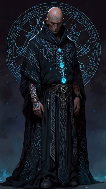 Bald sorcerer in dark robe stands before glowing blue sigil - Free 4K & 8K Mobile Wallpaper