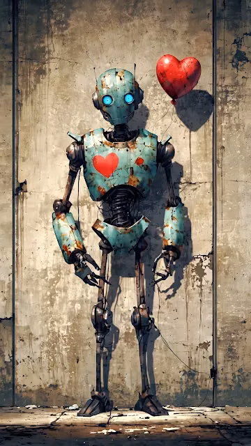 Banksy Style Rusted Robot Holding Red Heart Balloon Art - Free 4K & 8K Mobile Wallpaper