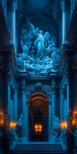 Baroque Angel Sculpture Altar Blue Teal and Orange Lighting - Free 4K & 8K Mobile Wallpaper