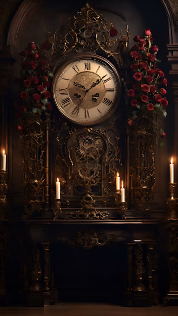 Baroque Grandfather Clock Dark Ornate Filigree Red Roses - Free 4K & 8K Mobile Wallpaper