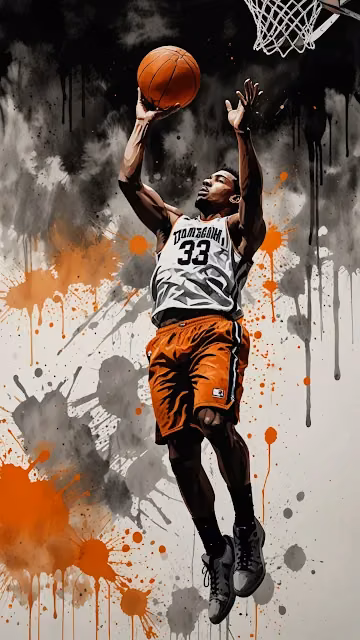 Basketball Player Dunks Amidst Paint Splatter Art - Free 4K & 8K Mobile Wallpaper