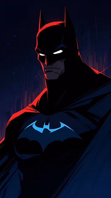 Batman stands in shadow with glowing white eyes and red cape - Free 4K & 8K Mobile Wallpaper
