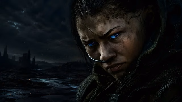 Battle-worn futuristic survivor with glowing blue eyes framed on the right.