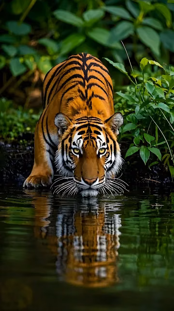 A Bengal tiger drinks from calm water surrounded by lush green jungle foliage. Bengal tiger leaning down to drink from dark water with sharp mirrored reflection.