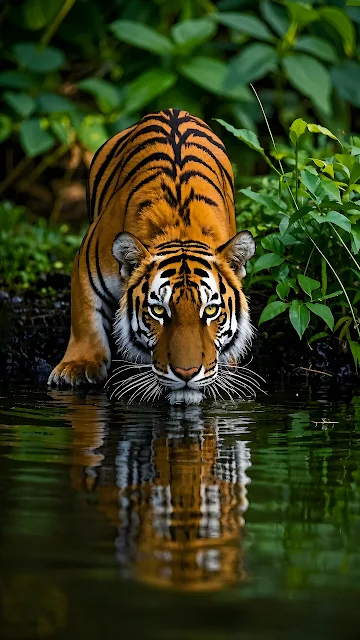 A Bengal tiger drinks from calm water surrounded by lush green jungle foliage. Bengal tiger leaning down to drink from dark water with sharp mirrored reflection.
