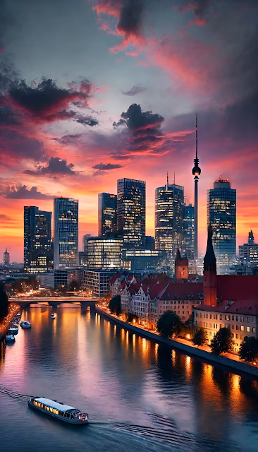 Berlin Skyline at Sunset with River and Glowing City Lights - Free 4K & 8K Mobile Wallpaper
