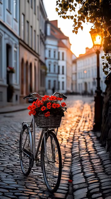Bicycle with Flower Basket on Cobblestone Street - Free 4K & 8K Mobile Wallpaper