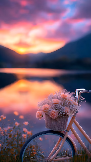 Bicycle with Flower Basket at Sunset by Lake - Free 4K & 8K Mobile Wallpaper