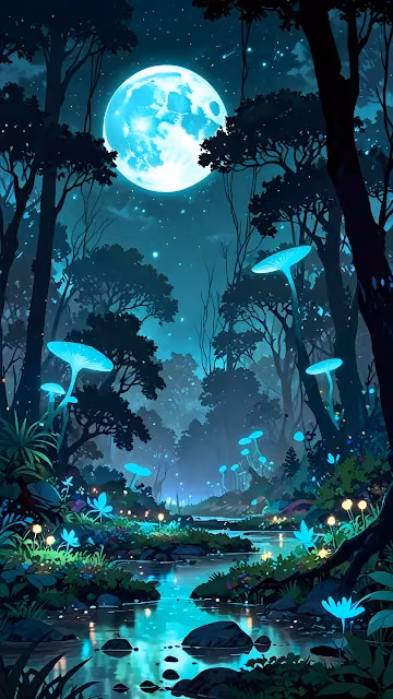 Bioluminescent Forest under a Giant Blue Moon - Free 4K & 8K Mobile Wallpaper