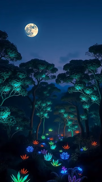 Bioluminescent Forest Under Full Moon Magical Night Scene - Free 4K & 8K Mobile Wallpaper