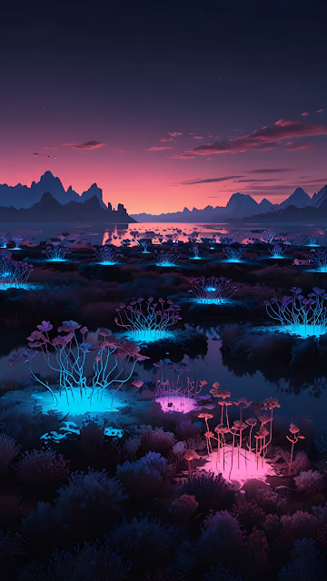 Bioluminescent Swamp Landscape Neon Flora Dusk Art - Free 4K & 8K Mobile Wallpaper