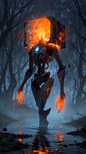 Biomechanical Entity with Fiery Cube Head in Dark Forest - Free 4K & 8K Mobile Wallpaper