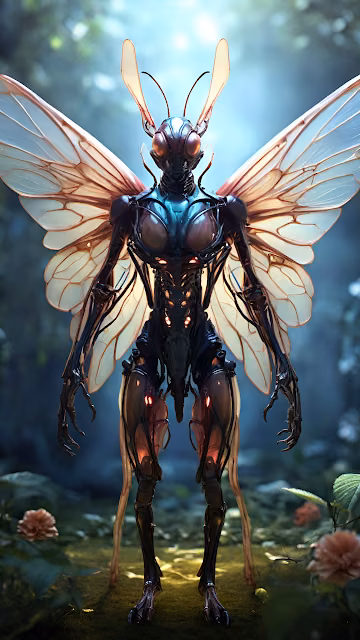 Biomechanical Moth Creature in Ethereal Forest - Free 4K & 8K Mobile Wallpaper